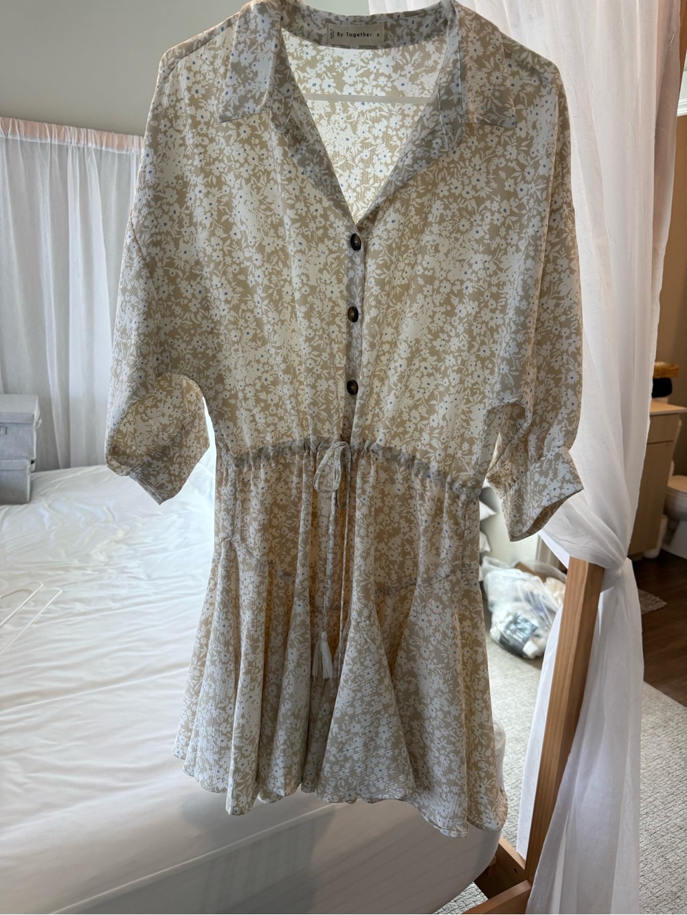 Together Cream Floral Drawstring Mini Dress